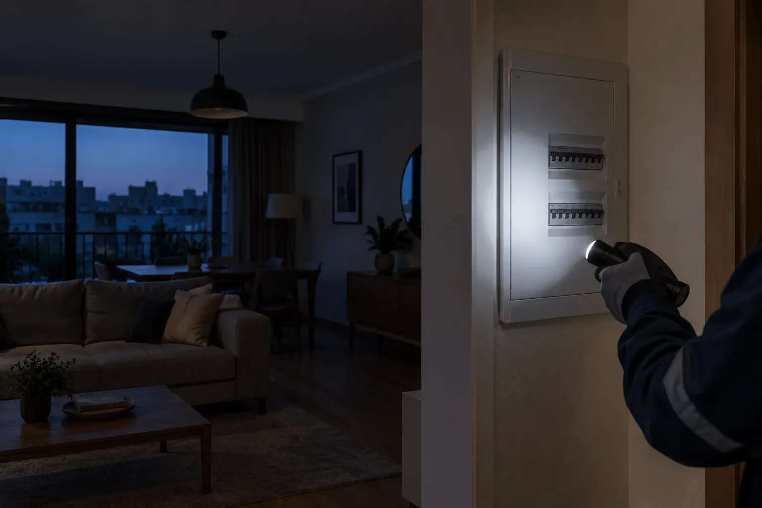 Una linterna ilumina un cuadro eléctrico cerrado en una vivienda con las luces apagadas.
