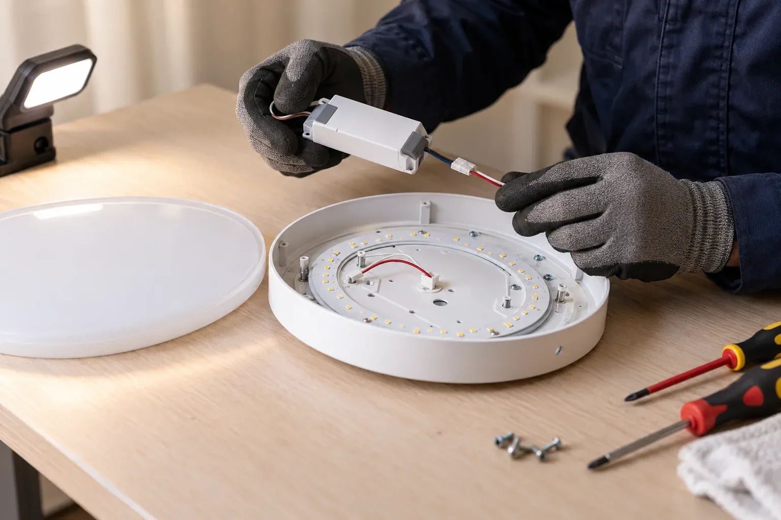 Luminaria LED de techo desconectada junto a su difusor y módulo de alimentación.