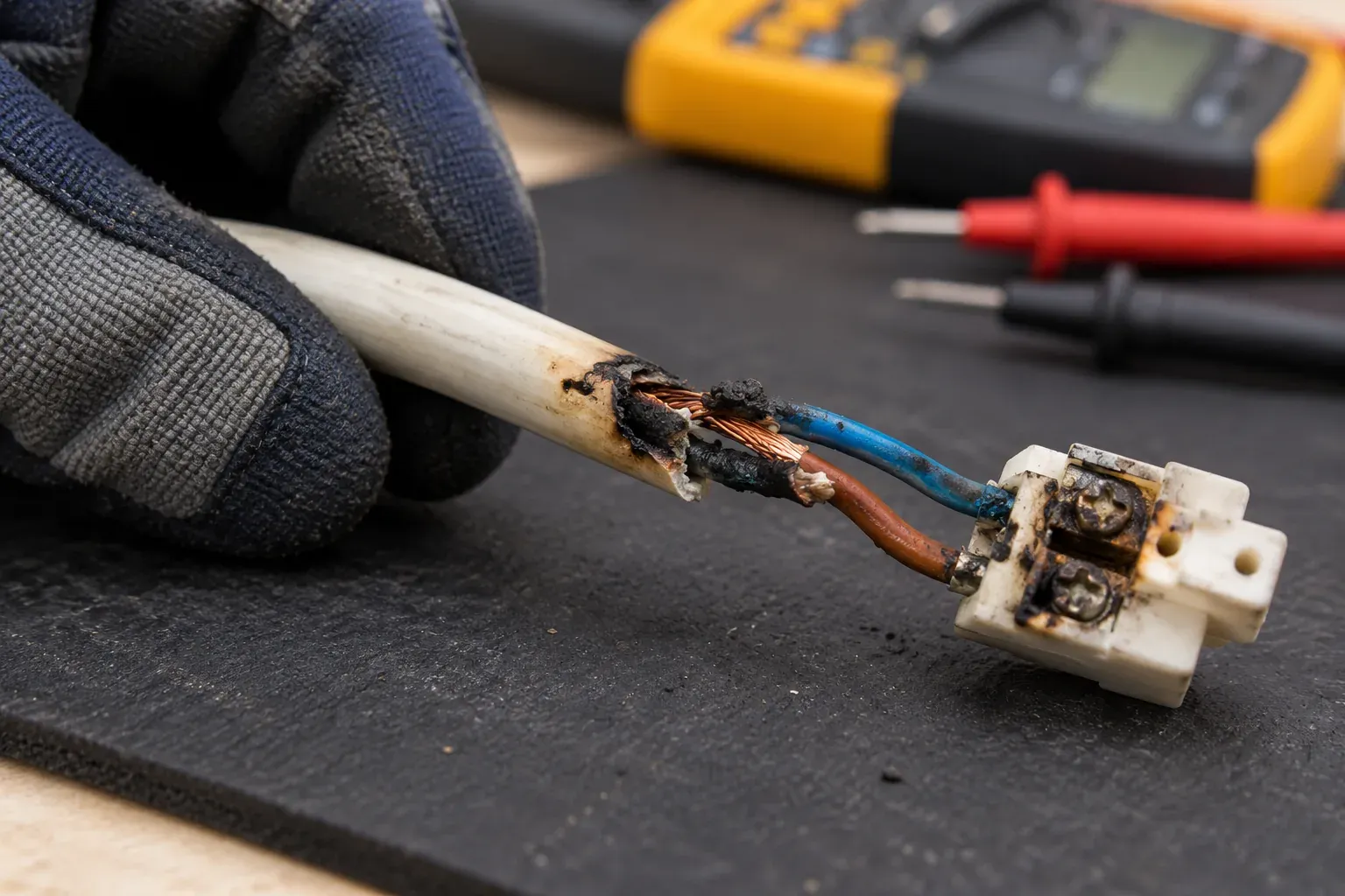 Cable desconectado con aislamiento deteriorado sobre una superficie de trabajo.