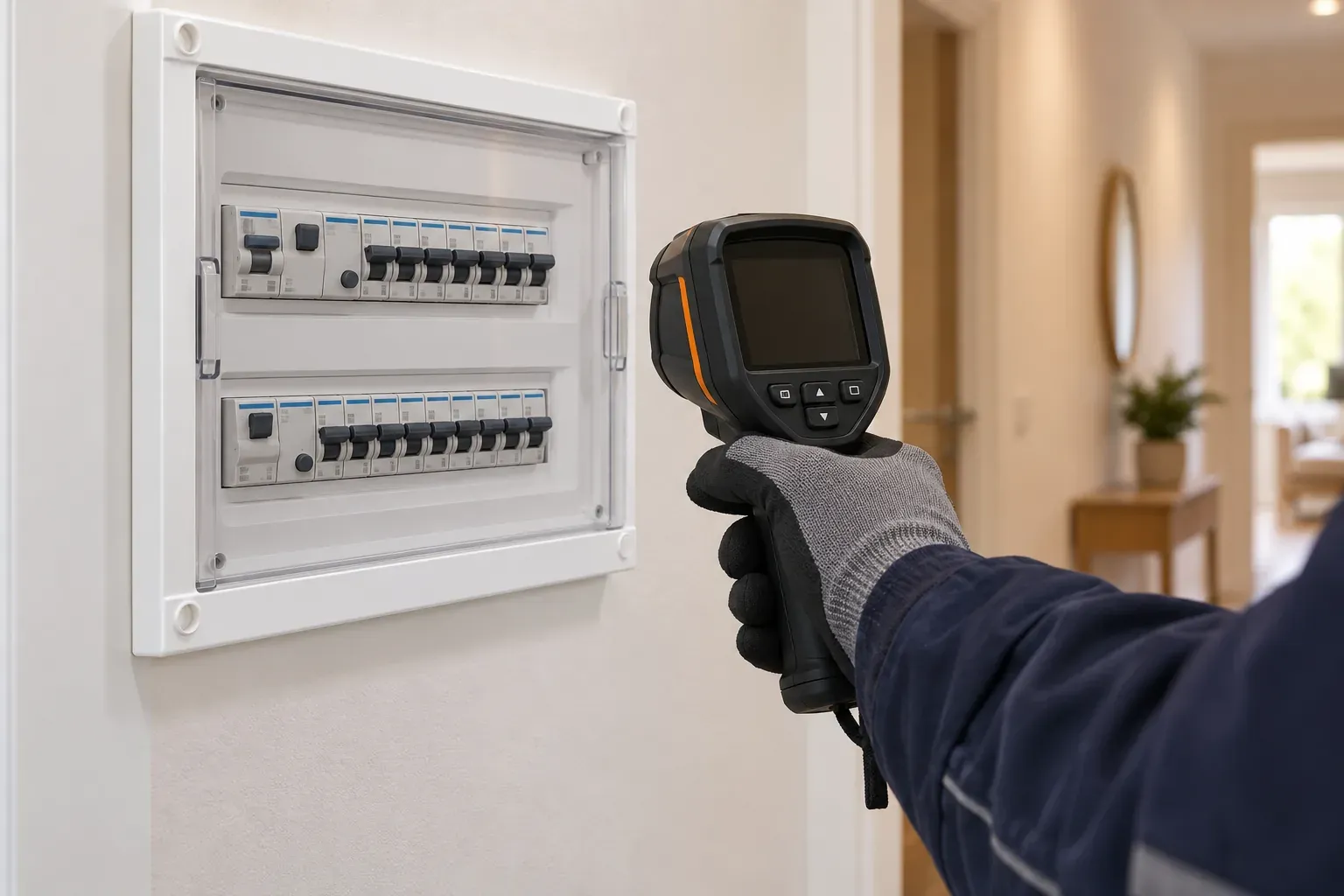 Cuadro eléctrico de vivienda y cámara térmica sostenida por una mano con guante.