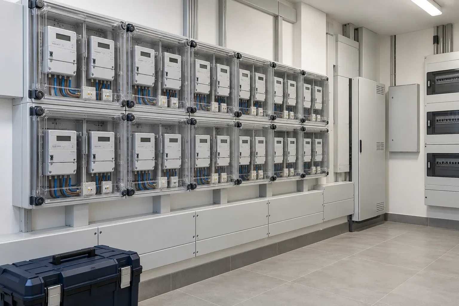 Contadores eléctricos con cubiertas cerradas en un cuarto de instalaciones.