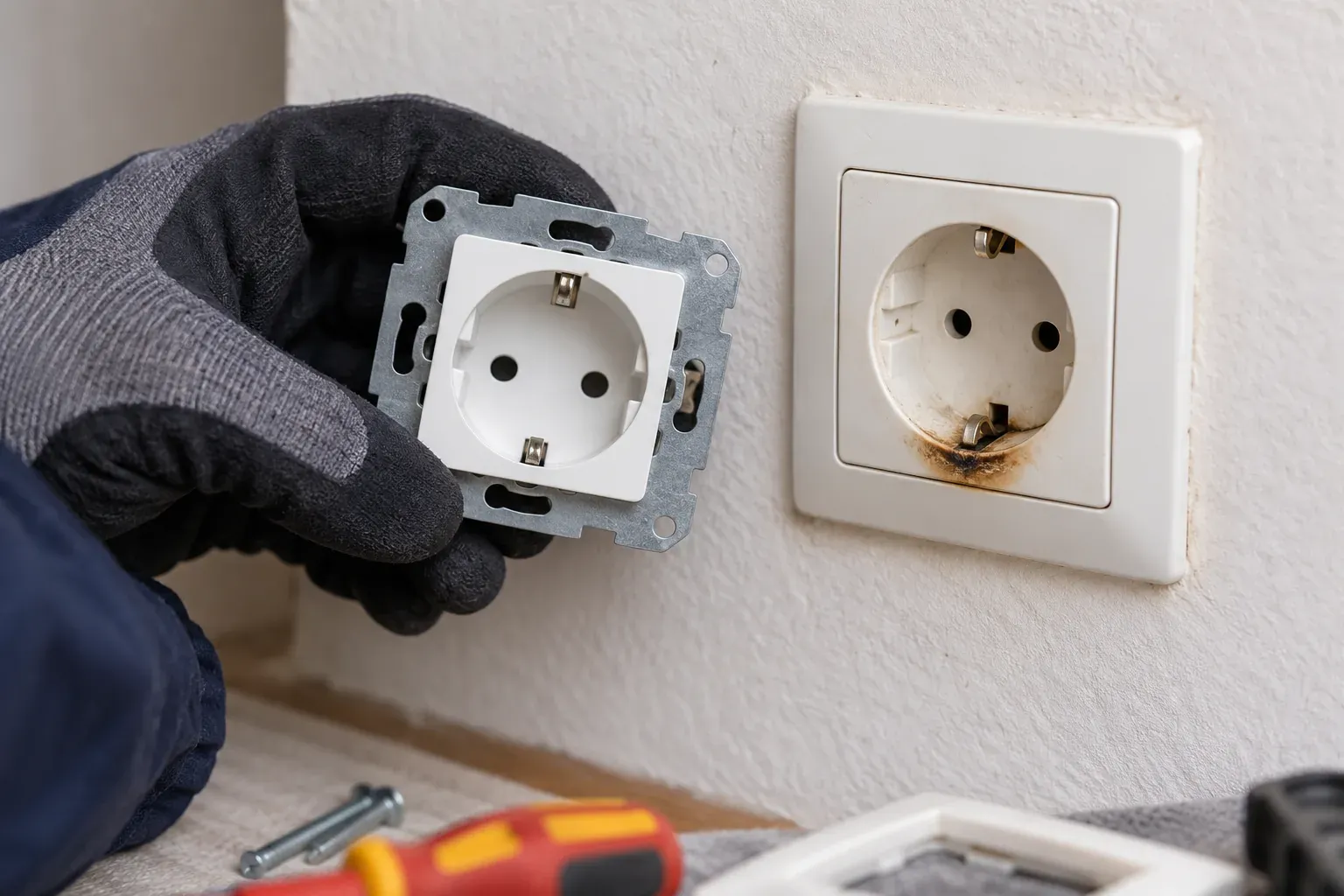 Enchufe Schuko en una pared con una marca oscura y un mecanismo de recambio al lado.