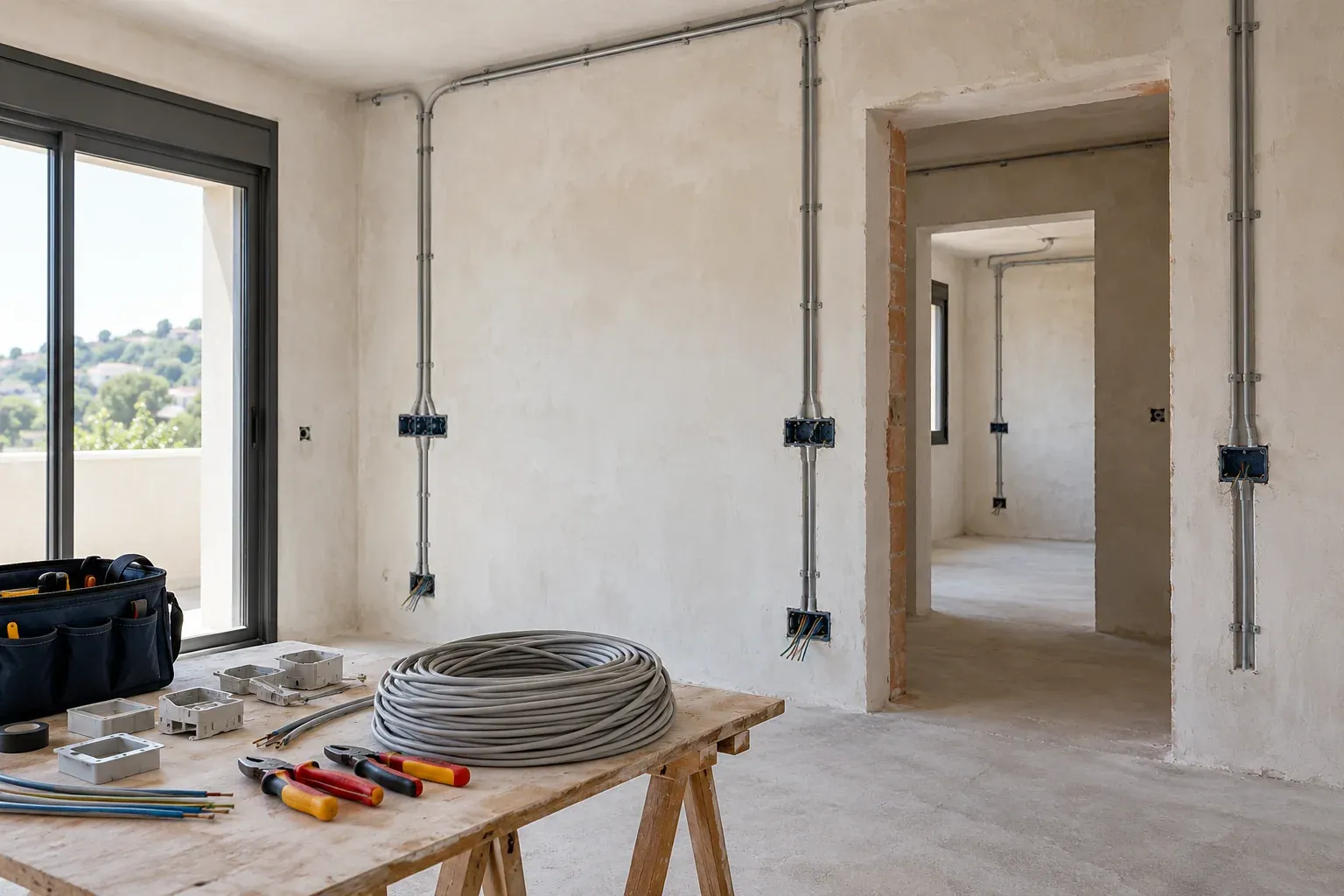 Canalizaciones, cajas eléctricas y cable en una vivienda en obra.
