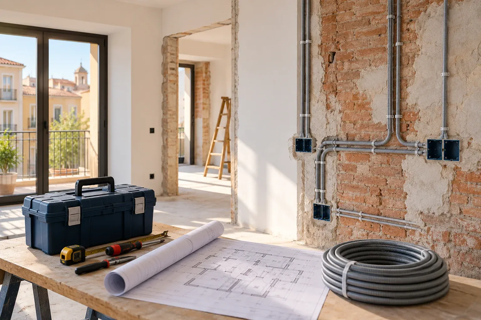 Canalizaciones eléctricas, planos y herramientas en una vivienda en reforma.